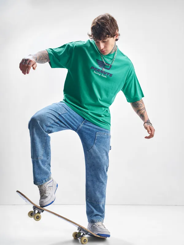 Highlander Men Turquoise Peanuts Printed Round Neck Oversized Fit T-Shirt