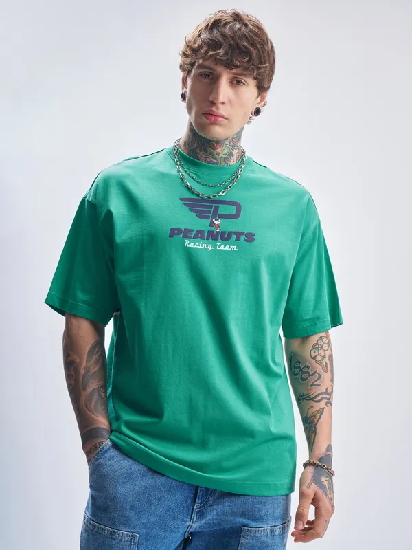 Highlander Men Turquoise Peanuts Printed Round Neck Oversized Fit T-Shirt