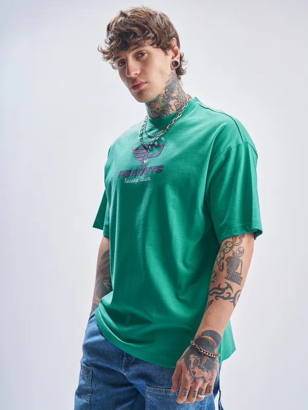 Highlander Men Turquoise Peanuts Printed Round Neck Oversized Fit T-Shirt