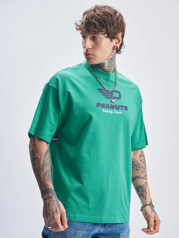 Highlander Men Turquoise Peanuts Printed Round Neck Oversized Fit T-Shirt