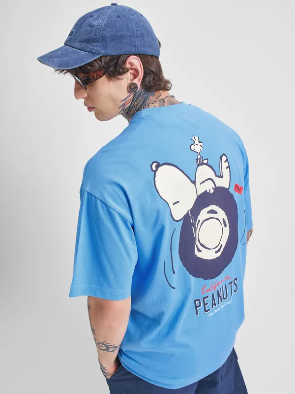 Highlander Men Blue Peanuts Printed Round Neck Oversized Fit T-Shirt