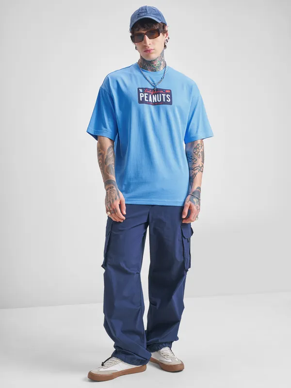 Highlander Men Blue Peanuts Printed Round Neck Oversized Fit T-Shirt