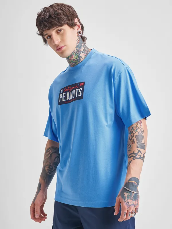 Highlander Men Blue Peanuts Printed Round Neck Oversized Fit T-Shirt