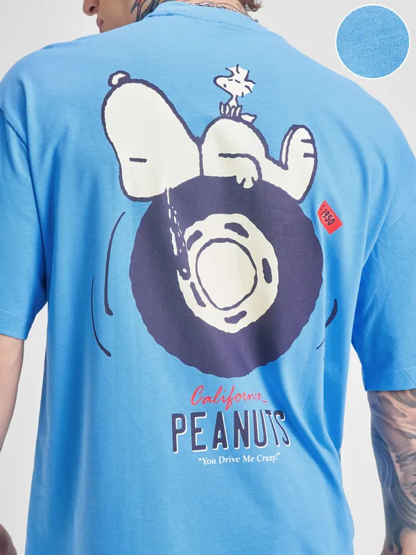 Highlander Men Blue Peanuts Printed Round Neck Oversized Fit T-Shirt
