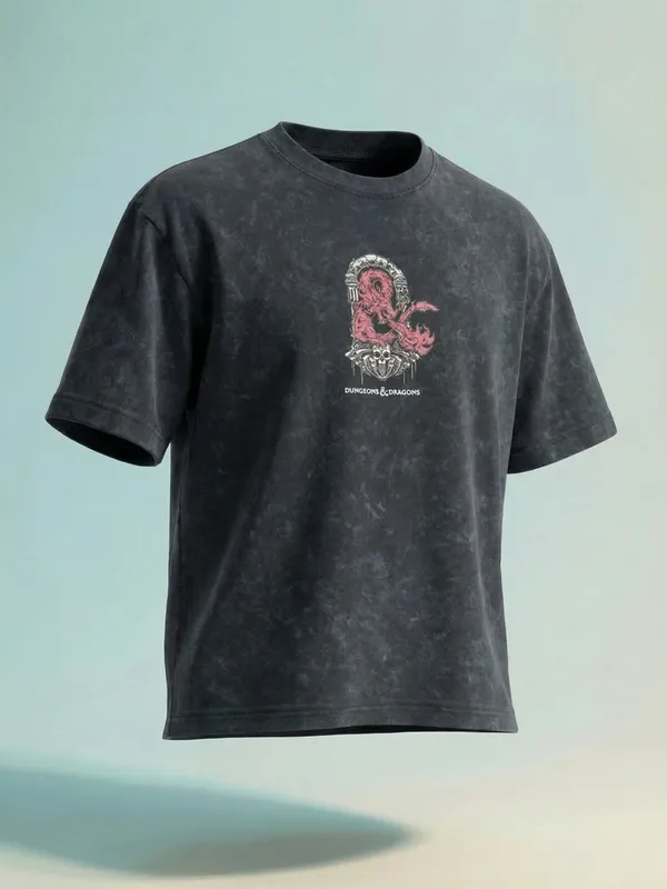 Highlander Men Black Dungeons And Dragons Printed Round Neck Oversized Fit T-Shirt