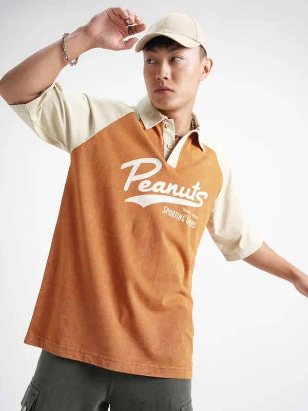 Highlander Men Rust Peanuts Printed Polo Collar T-Shirt