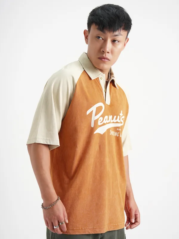 Highlander Men Rust Peanuts Printed Polo Collar T-Shirt