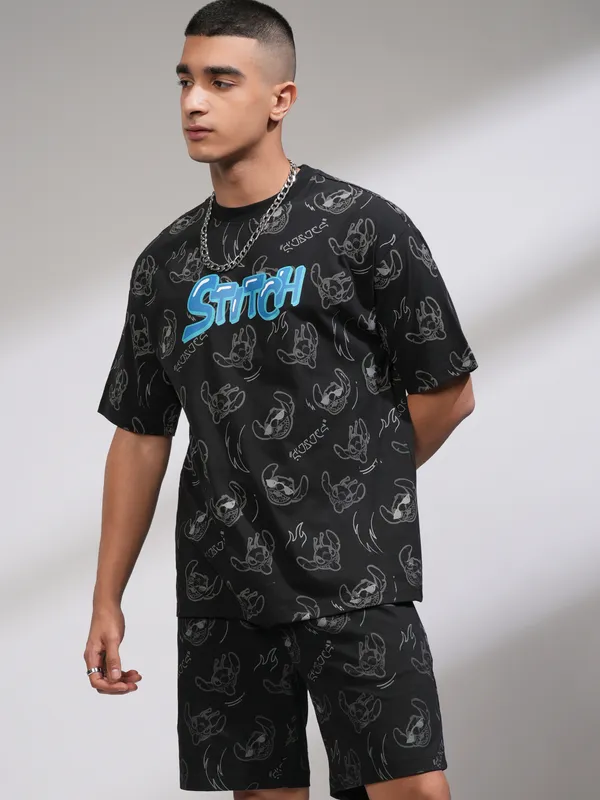 Disney By Highlander Men Black Stitch T-Shirt With Shorts Co-Ords