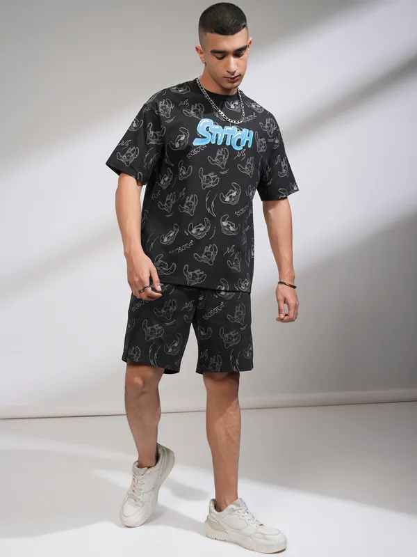 Disney By Highlander Men Black Stitch T-Shirt With Shorts Co-Ords