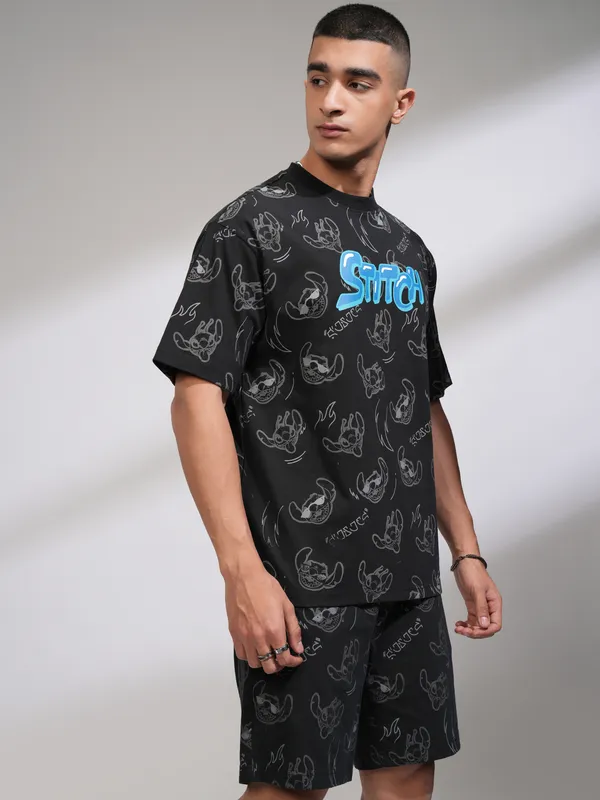 Disney By Highlander Men Black Stitch T-Shirt With Shorts Co-Ords
