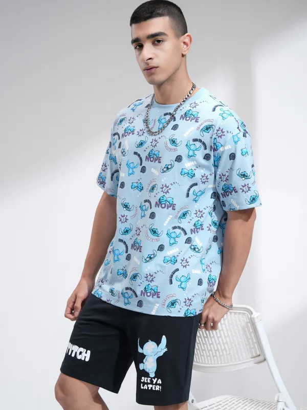 Disney By Highlander Men Blue Stitch T-Shirt With Shorts Co-Ords