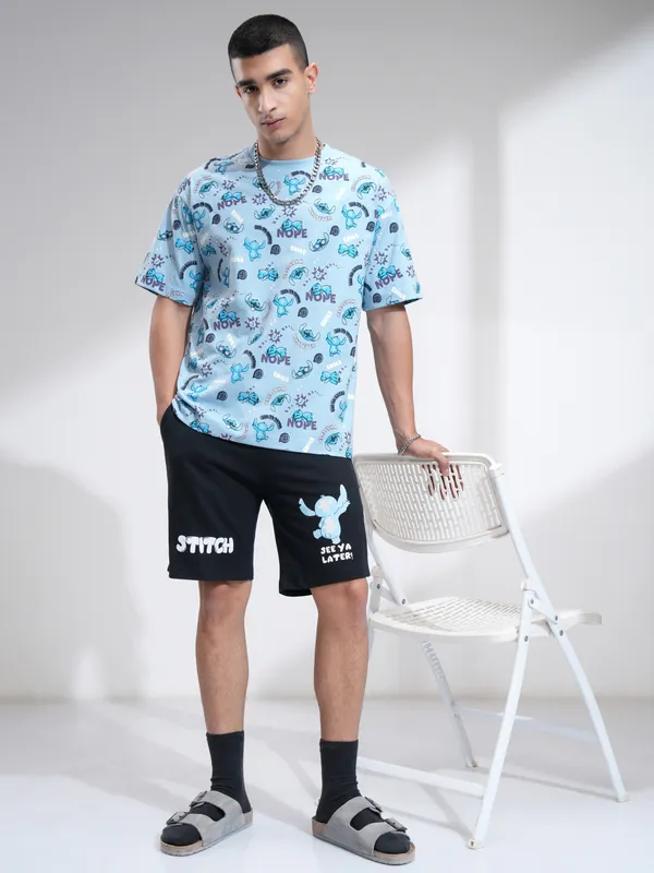 Disney By Highlander Men Blue Stitch T-Shirt With Shorts Co-Ords