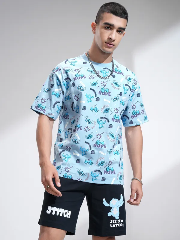 Disney By Highlander Men Blue Stitch T-Shirt With Shorts Co-Ords