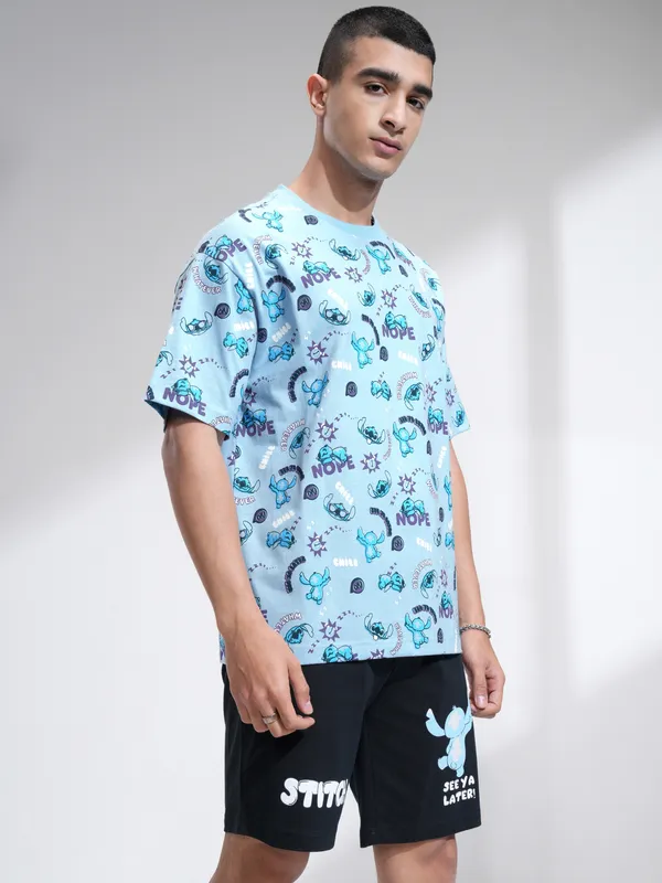 Disney By Highlander Men Blue Stitch T-Shirt With Shorts Co-Ords