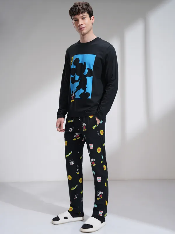 Disney By Highlander Men Black Mickey Mouse T-Shirt With Trouser Co-Ords