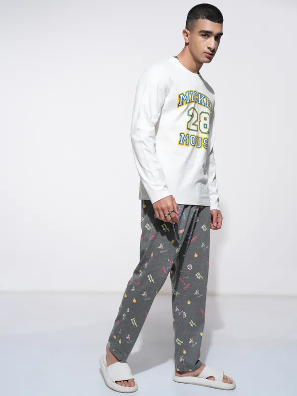 Disney By Highlander Men Off White Mickey Mouse T-shirt With Trouser Co-Ords