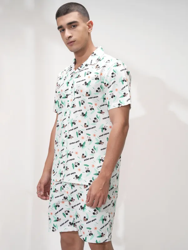 Disney By Highlander Men White Mickey Mouse Shirt With Shorts Co-Ords