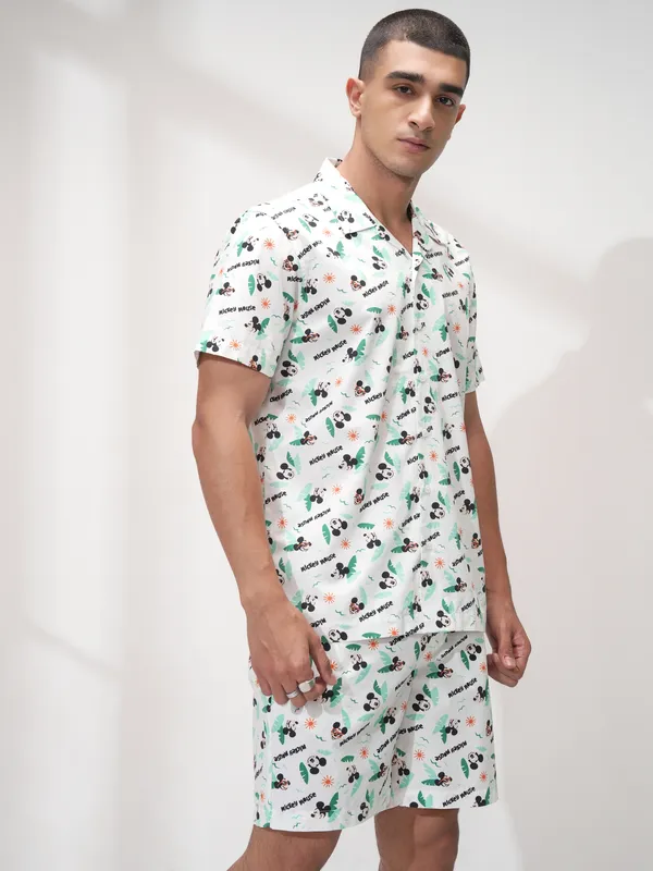 Disney By Highlander Men White Mickey Mouse Shirt With Shorts Co-Ords