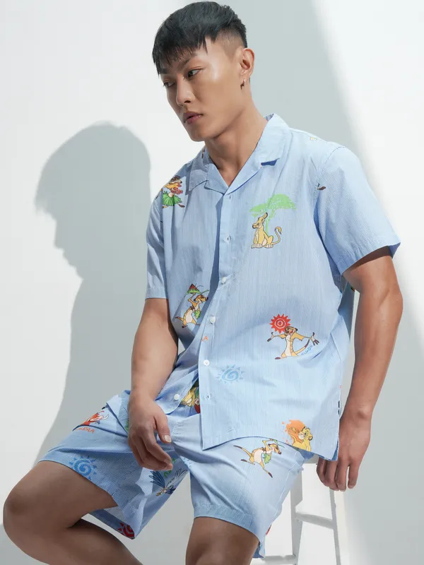 Disney By Highlander Men Blue Lion King Shirt With Shorts Co-Ords