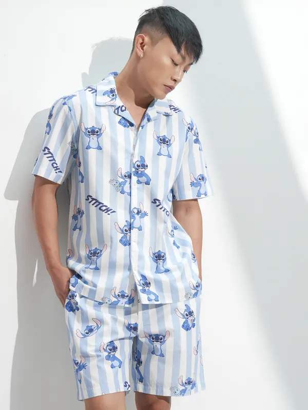 Disney By Highlander Men Blue Stitch Shirt With Shorts Co-Ords