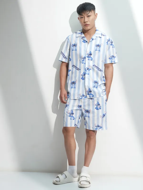 Disney By Highlander Men Blue Stitch Shirt With Shorts Co-Ords
