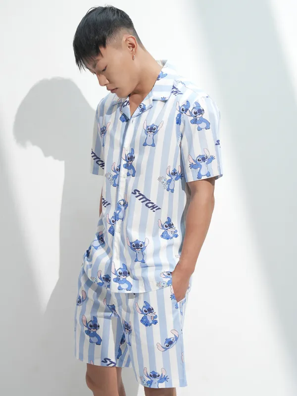 Disney By Highlander Men Blue Stitch Shirt With Shorts Co-Ords