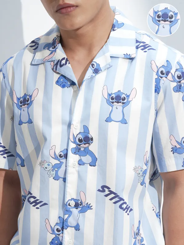 Disney By Highlander Men Blue Stitch Shirt With Shorts Co-Ords