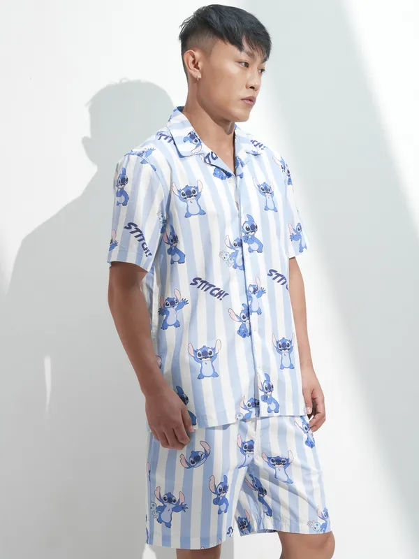 Disney By Highlander Men Blue Stitch Shirt With Shorts Co-Ords