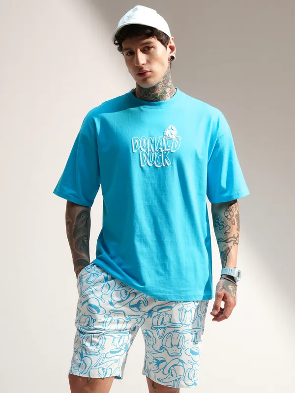 Disney By Highlander Men Turquoise Donald Duck T-Shirt With Shorts Co-Ords
