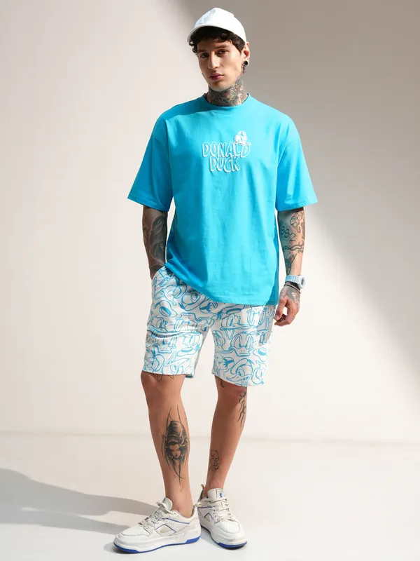 Disney By Highlander Men Turquoise Donald Duck T-Shirt With Shorts Co-Ords