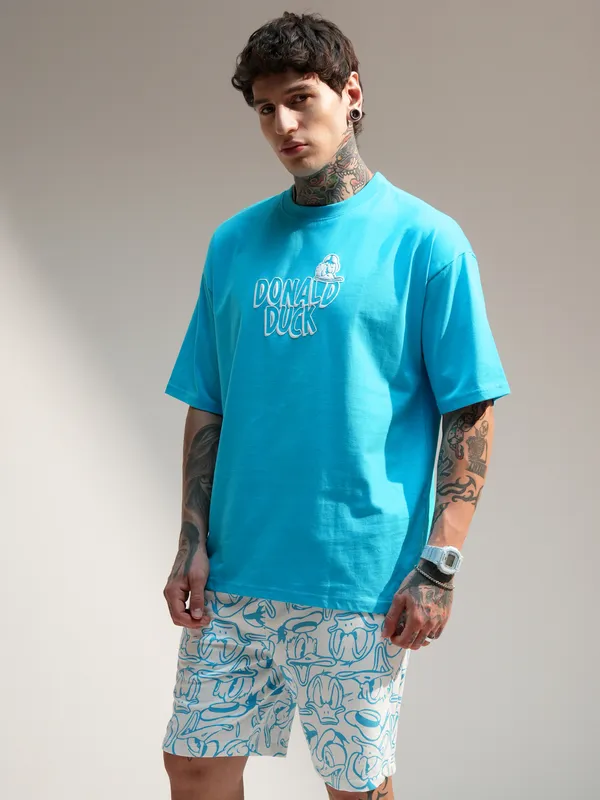 Disney By Highlander Men Turquoise Donald Duck T-Shirt With Shorts Co-Ords