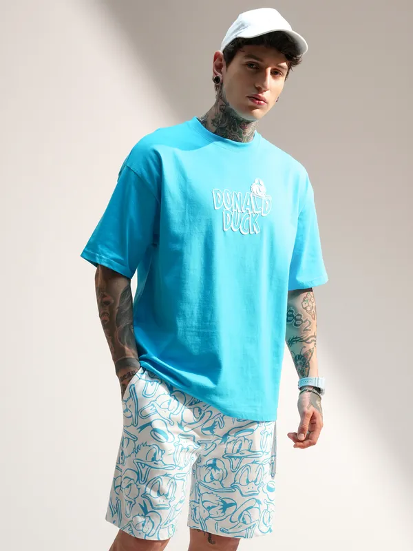 Disney By Highlander Men Turquoise Donald Duck T-Shirt With Shorts Co-Ords