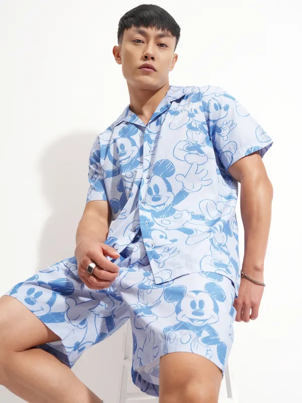 Disney By Highlander Men Blue Mickey Mouse Shirt With Shorts Co-Ords