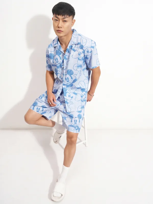 Disney By Highlander Men Blue Mickey Mouse Shirt With Shorts Co-Ords