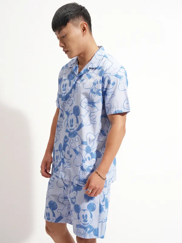 Disney By Highlander Men Blue Mickey Mouse Shirt With Shorts Co-Ords