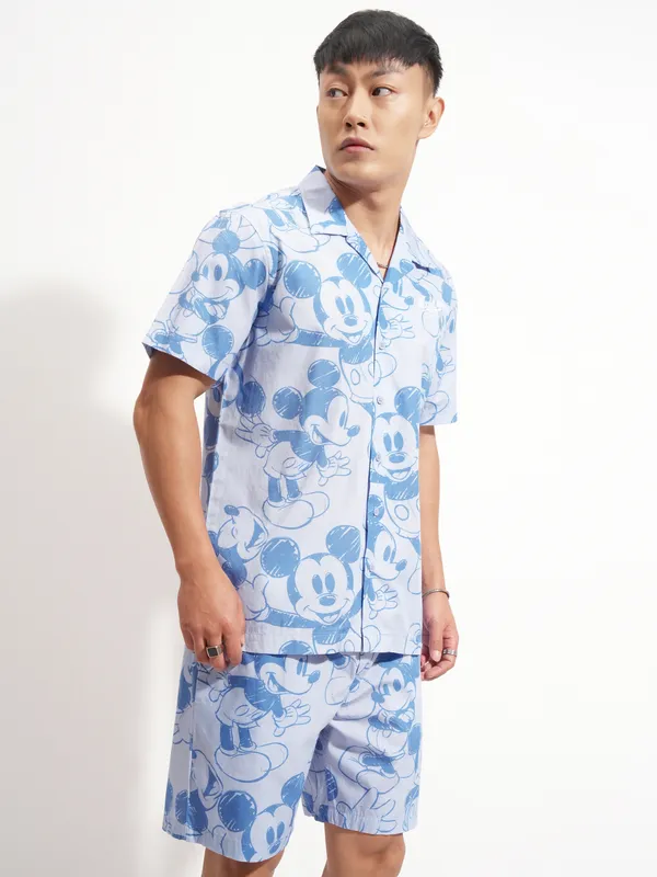 Disney By Highlander Men Blue Mickey Mouse Shirt With Shorts Co-Ords