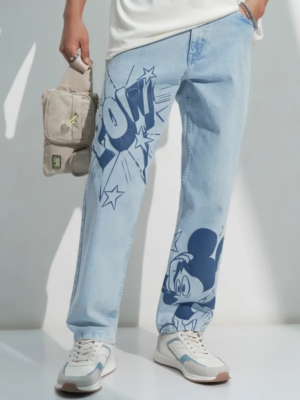 Disney By Highlander Men Blue Mickey Mouse Straight Fit Stretchable Jeans