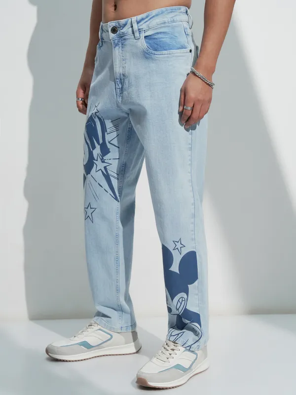 Disney By Highlander Men Blue Mickey Mouse Straight Fit Stretchable Jeans