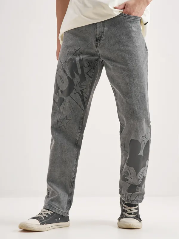 Disney By Highlander Men Grey Mickey Mouse Straight Fit Jeans