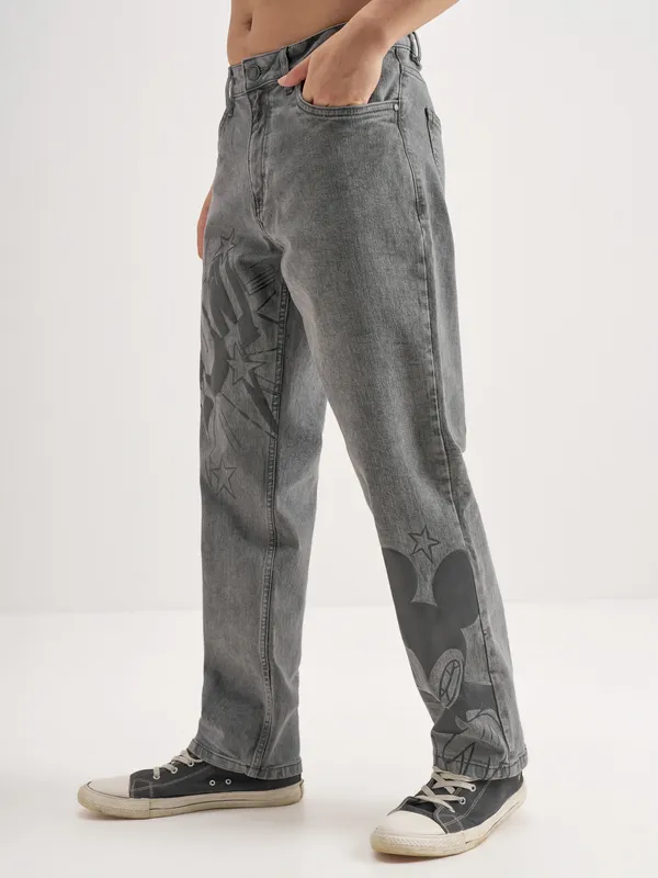 Disney By Highlander Men Grey Mickey Mouse Straight Fit Jeans