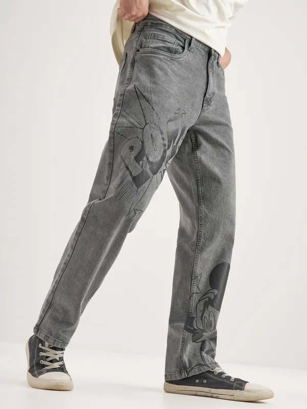 Disney By Highlander Men Grey Mickey Mouse Straight Fit Jeans