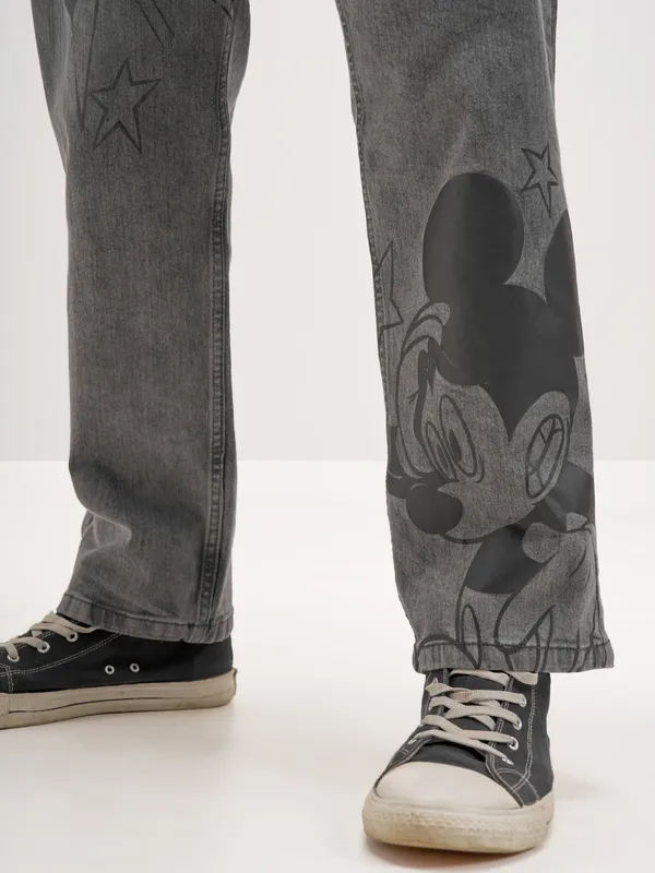 Disney By Highlander Men Grey Mickey Mouse Straight Fit Jeans