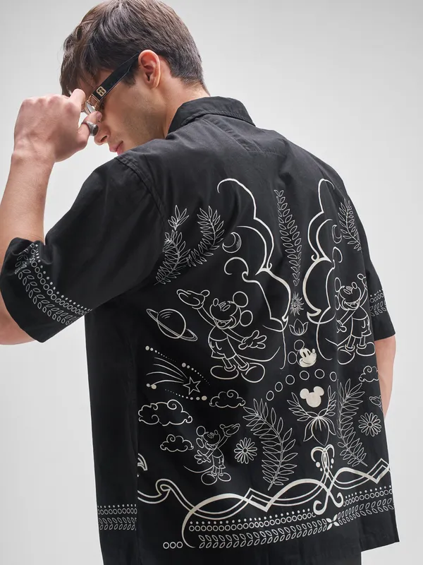 Disney By Highlander Men Black Mickey Mouse Printed Oversized Fit Casual Shirt