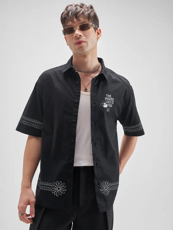 Disney By Highlander Men Black Mickey Mouse Printed Oversized Fit Casual Shirt