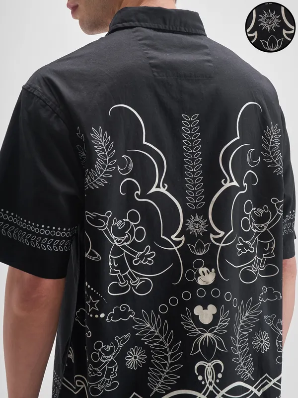 Disney By Highlander Men Black Mickey Mouse Printed Oversized Fit Casual Shirt