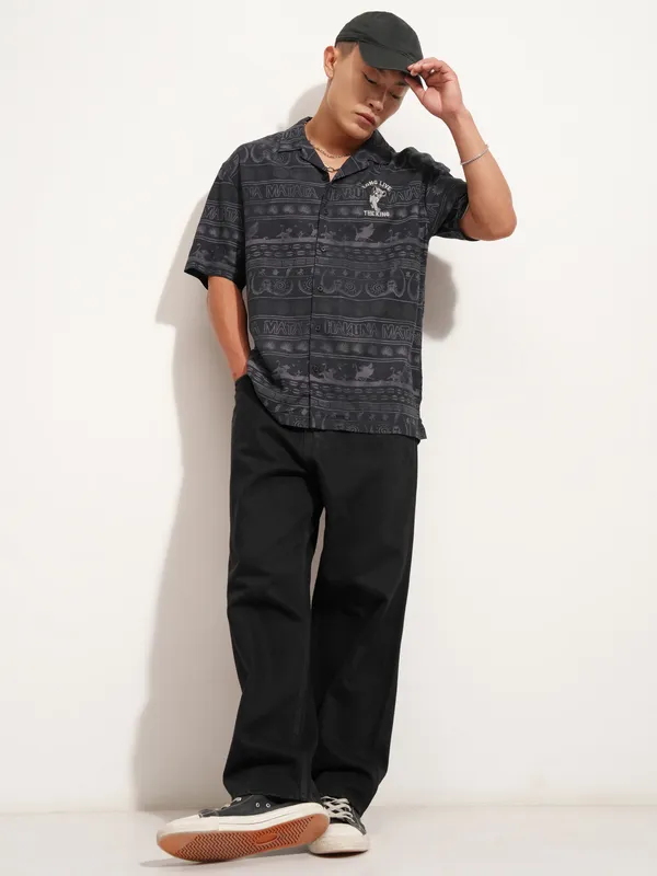 Disney By Highlander Men Black Lion King Printed Relaxed Fit Casual Shirt