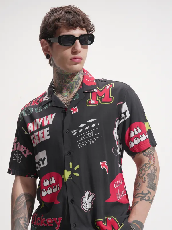 Disney By Highlander Men Black Mickey Mouse Printed Relaxed Fit Casual Shirt
