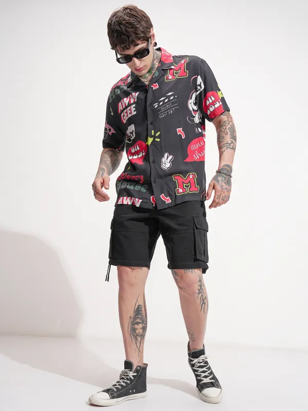 Disney By Highlander Men Black Mickey Mouse Printed Relaxed Fit Casual Shirt