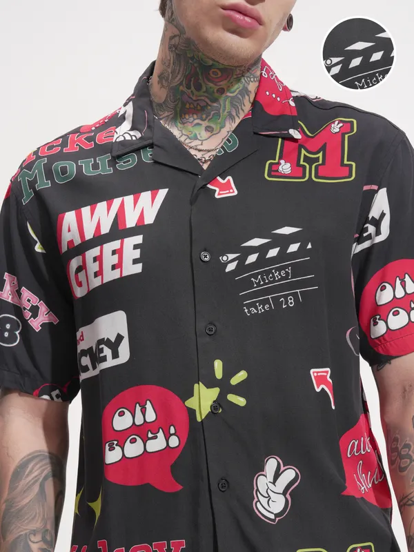 Disney By Highlander Men Black Mickey Mouse Printed Relaxed Fit Casual Shirt