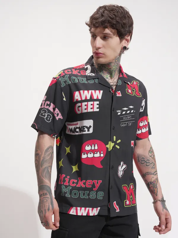 Disney By Highlander Men Black Mickey Mouse Printed Relaxed Fit Casual Shirt
